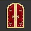 Ornate Red Double Door With Beige Frame And Intricate Gold Decorative Details