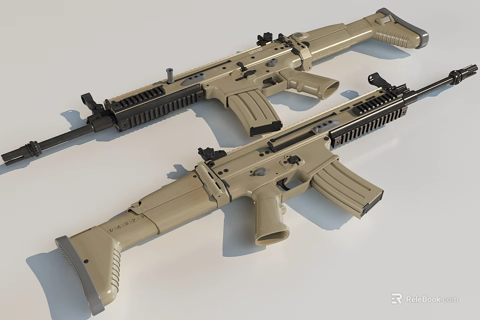 Two Beige Tactical Rifles Side by Side with Black Magazines Handguards and Scopes 3d model 