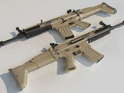 Two Beige Tactical Rifles Side by Side with Black Magazines Handguards and Scopes 3d model