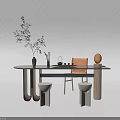 Modern Round Tea Table and Chairs with Tea Set Plant Yellow Lamp and Gray Stools