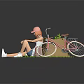 Girl In Pink Hat Orange Hair Sitting On Green Grass With Bicycle Backpack Red Notebook