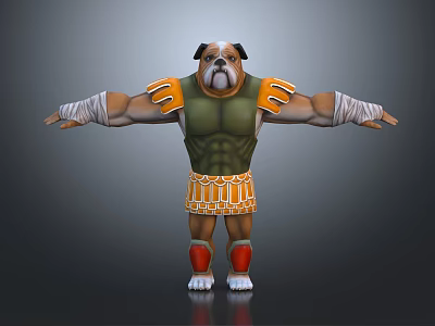 Muscular Bulldog Warrior With Green Top Orange Skirt White Arm Bands Red Boots 3d model