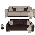 Two Seater Sofa Light Beige Dark Brown with Throw Pillows Blanket Modern Metal Legs Design