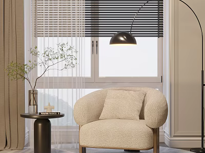 Beige Bouclé Single Seater Sofa With Side Table Potted Plant And Floor Lamp 3d model