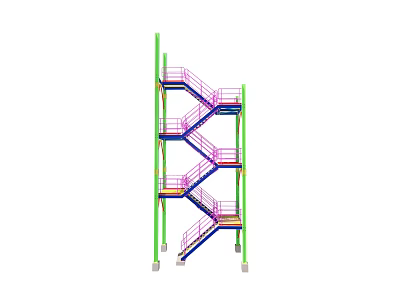 Industrial Equipment Multi Level Steel Staircase With Green Columns Purple And Blue Steps 3d model