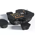 Black Rock Irregular Shape Tea Table With Matching Stools And Tea Set Small Cups 3d model