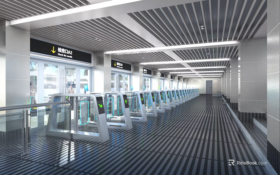Modern Train Station Interior With Spacious Passageway Row Of Turnstiles Bright Lighting And Metal Ceiling 3d model 