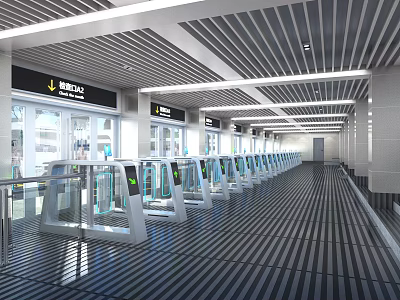 Modern Train Station Interior With Spacious Passageway Row Of Turnstiles Bright Lighting And Metal Ceiling 3d model