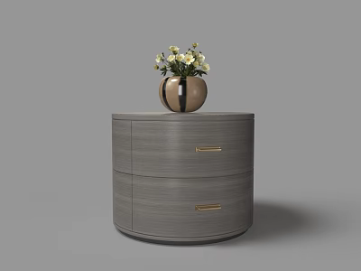 Gray Round Nightstand With Two Drawers Gold Handles And Brass Vase White Flowers 3d model