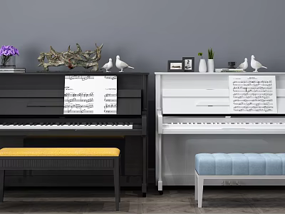 Black And White Pianos With Music Sheets Stools And Decorative Purple Flowers Green Plants 3d model