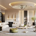 Modern Luxury Living Room Interior With White Sofa Round Chandelier Green Ottoman And Orange Decoration