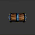 Wooden Treasure Chest With Blue Decorative Bands Golden Metal Fittings And Central Gemstone