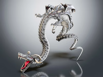 Silver Dragon Sculpture in Dynamic Posture With Open Mouth and Red Tongue 3d model