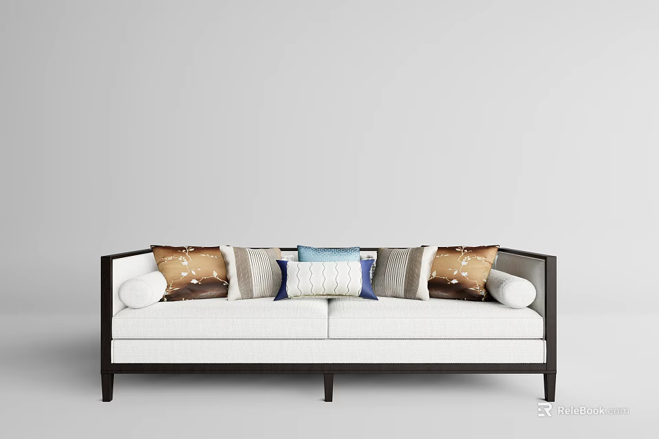 Modern Two Seater Sofa With Dark Frame White Cushions And Mixed Pattern Decorative Pillows 3d model