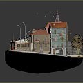 Miniature Cartoon Town Scene with Red Roof Buildings Street Lamps and Bus