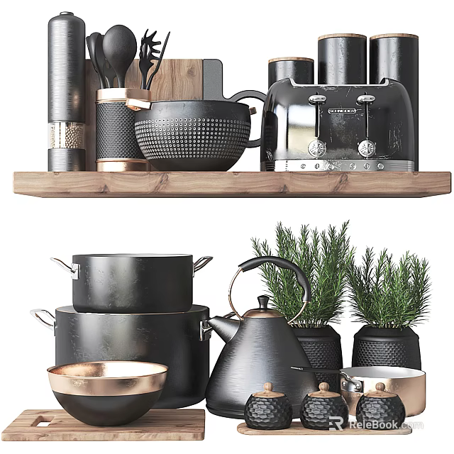 Stylish Black Kitchenware Collection With Pots Teapot Bowls And Green Herbs On Wooden Shelf 3d model 