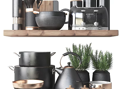 Stylish Black Kitchenware Collection With Pots Teapot Bowls And Green Herbs On Wooden Shelf 3d model