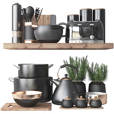 Stylish Black Kitchenware Collection With Pots Teapot Bowls And Green Herbs On Wooden Shelf 3d model