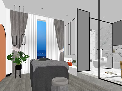Modern SPA Sauna Interior With Massage Bed Marble Elements And Plants 3d model