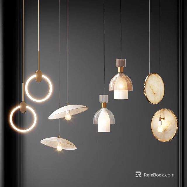 Modern Pendant Lights Featuring Illuminated Circular Rings Dome Shaped Shades And Marble Details 3d model 