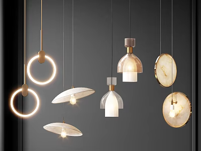 Modern Pendant Lights Featuring Illuminated Circular Rings Dome Shaped Shades And Marble Details 3d model