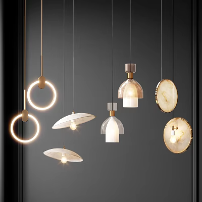 Modern Pendant Lights Featuring Illuminated Circular Rings Dome Shaped Shades And Marble Details 3d model