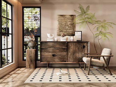Rustic Wooden Console Cabinet In Entryway Interior With Potted Plant And Decorative Items 3d model