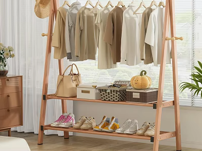 Wooden Multi tiered Clothes Rack With Hanging Clothes Bags Shoes And Storage Shelves 3d model