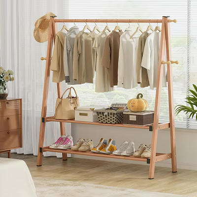Wooden Multi tiered Clothes Rack With Hanging Clothes Bags Shoes And Storage Shelves 3d model