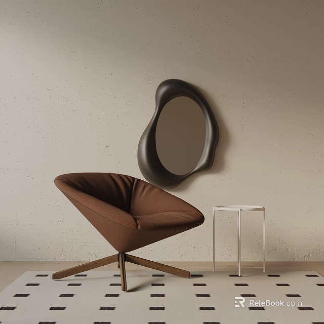 Brown Upholstered Accent Chair With Wood Legs White Side Table And Black Abstract Mirror 3d model 