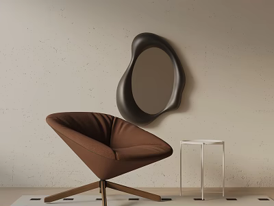 Brown Upholstered Accent Chair With Wood Legs White Side Table And Black Abstract Mirror 3d model