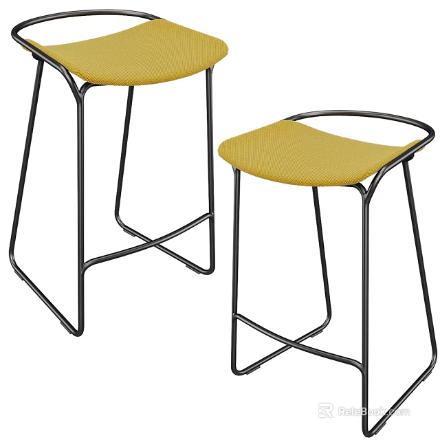 Modern Bar Stools With Yellow Fabric Seats And Black Metal Frames 3d model 