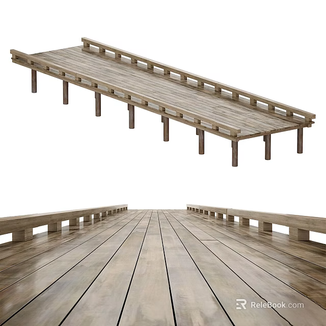 Wooden Road Boardwalk Structure With Wooden Planks Railings And Supporting Posts 3d model 