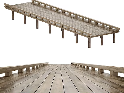 Wooden Road Boardwalk Structure With Wooden Planks Railings And Supporting Posts 3d model