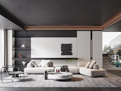 Modern Living Room Interior With Light Colored Sofa Round Coffee Table And Black White Wall Decor 3d model