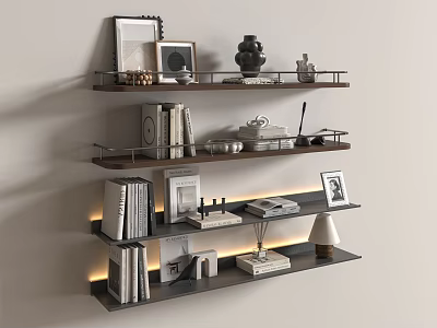 Modern Wall Mounted Shelving Unit With Books Photo Frames Decorative Items And Table Lamp 3d model