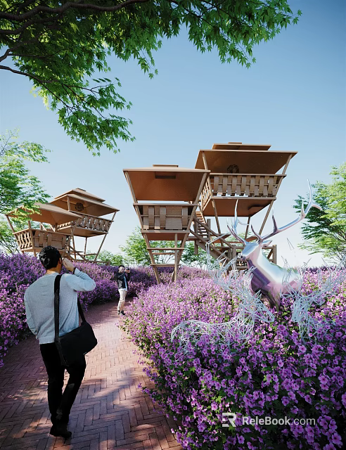 Scenic Pedestrian Pathway Surrounded by Purple Flowers Wooden Treehouse Structures and Silver Sculpture 3d model 
