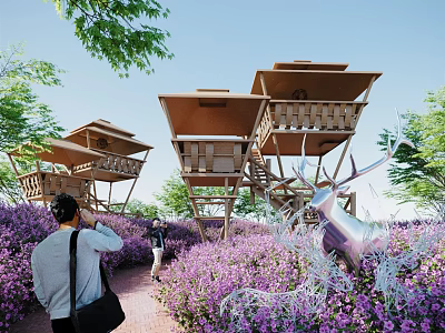 Scenic Pedestrian Pathway Surrounded by Purple Flowers Wooden Treehouse Structures and Silver Sculpture 3d model