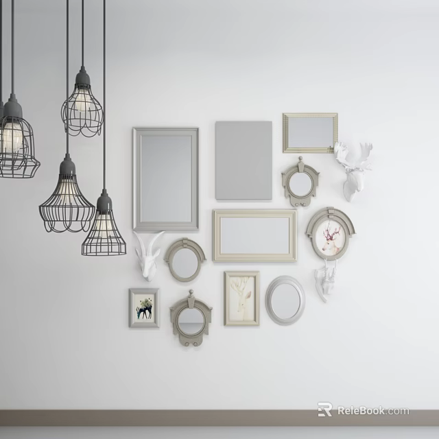 Stylish Wall Decor Featuring Frames Mirrors Clock and Deer Head Accents 3d model