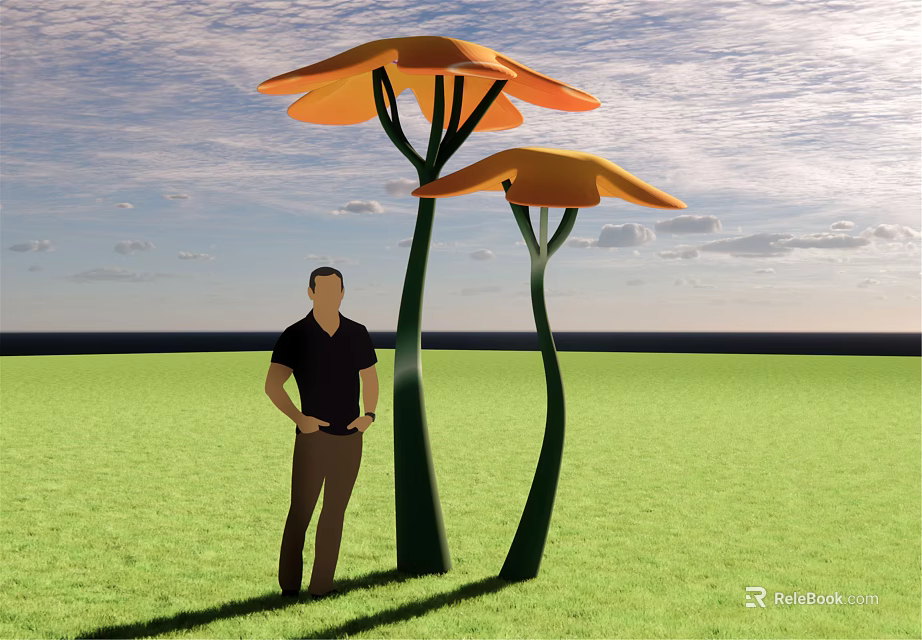 Orange Flower Shaped Structures On Green Grass With Blue Sky White Clouds And Man 3d model