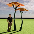 Orange Flower Shaped Structures On Green Grass With Blue Sky White Clouds And Man 3d model