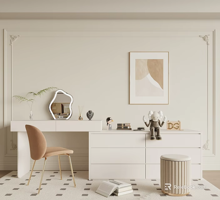 Elegant Modern Dressing Table With Mirror Chair Decorative Items And Wall Art 3d model