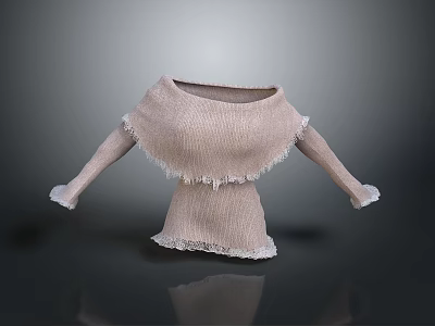 Beige Off Shoulder Knit Sweater With Frayed Hem And Long Sleeves 3d model