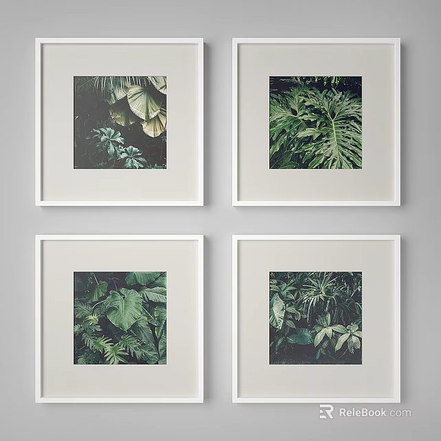 White Photo Frames With Green Plant Leaf Prints On Gray Wall 3d model 