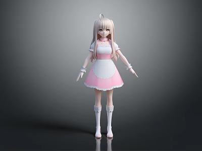 Anime Style Maid Character 3D Model With Pink Dress And White Apron 3d model