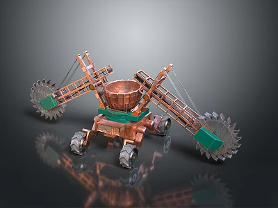 Copper And Green Mechanical Combat Weapon With Multiple Saw Blades And Wheels 3d model