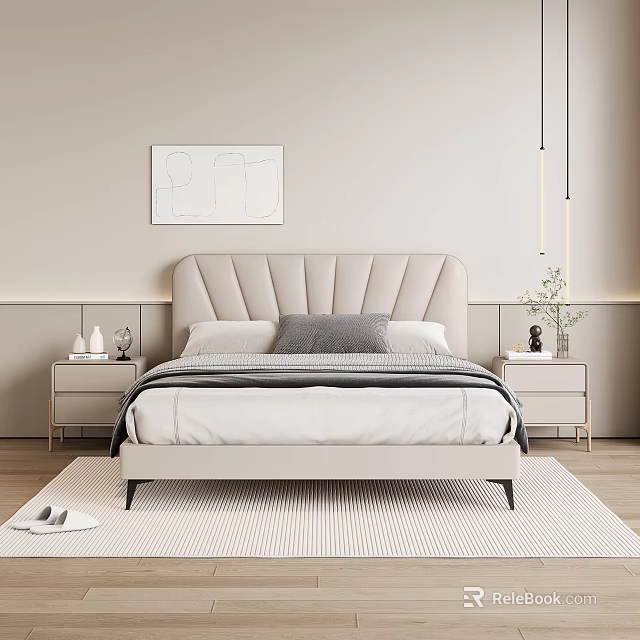 Double Bed with Upholstered Vertical Tufted Headboard White Sheets Gray Pillow Nightstands and Wall Art 3d model 