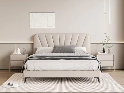Bedroom-Quiet Style Bedside Double Bed Background Double Bed Frame Bedside Table Cream Style Modern Light Luxury 3d model