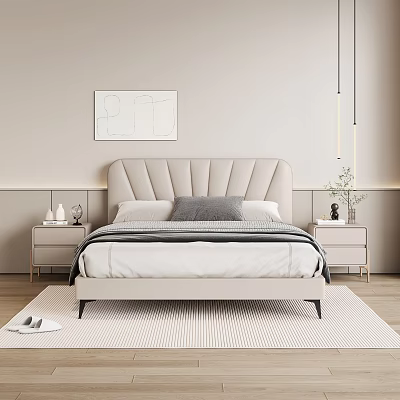 Double Bed with Upholstered Vertical Tufted Headboard White Sheets Gray Pillow Nightstands and Wall Art 3d model