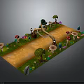 Whimsical Natural Path Scene With Winding Trail Colorful Mushrooms Trees And Flowers